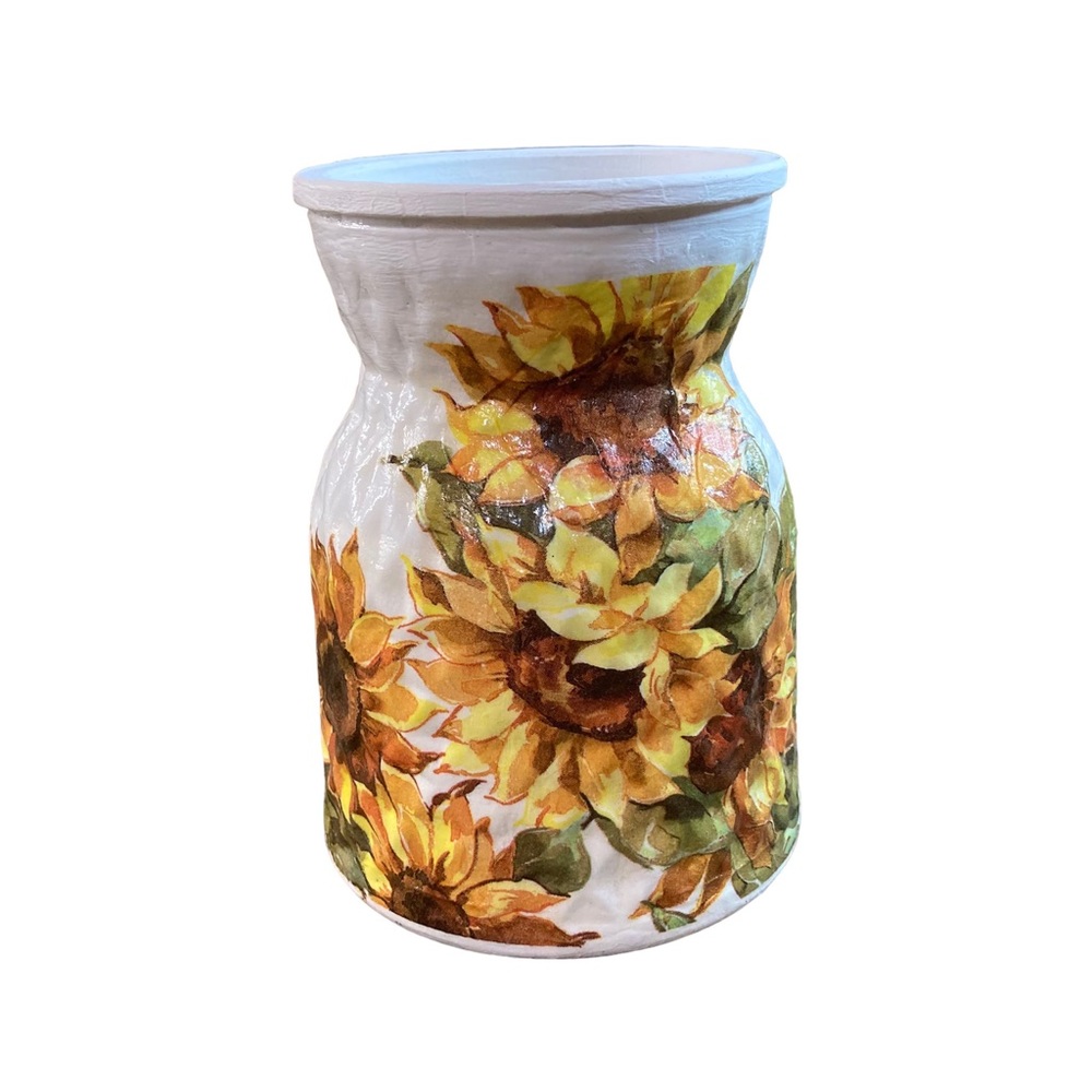 Sunflowers decoupage napkin on a white painted vase